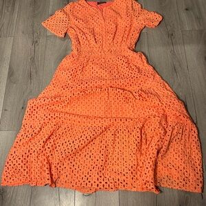 ZESICA Women’s Large Eyelet Tiered Orange Midi Dress Cottagecore Boho